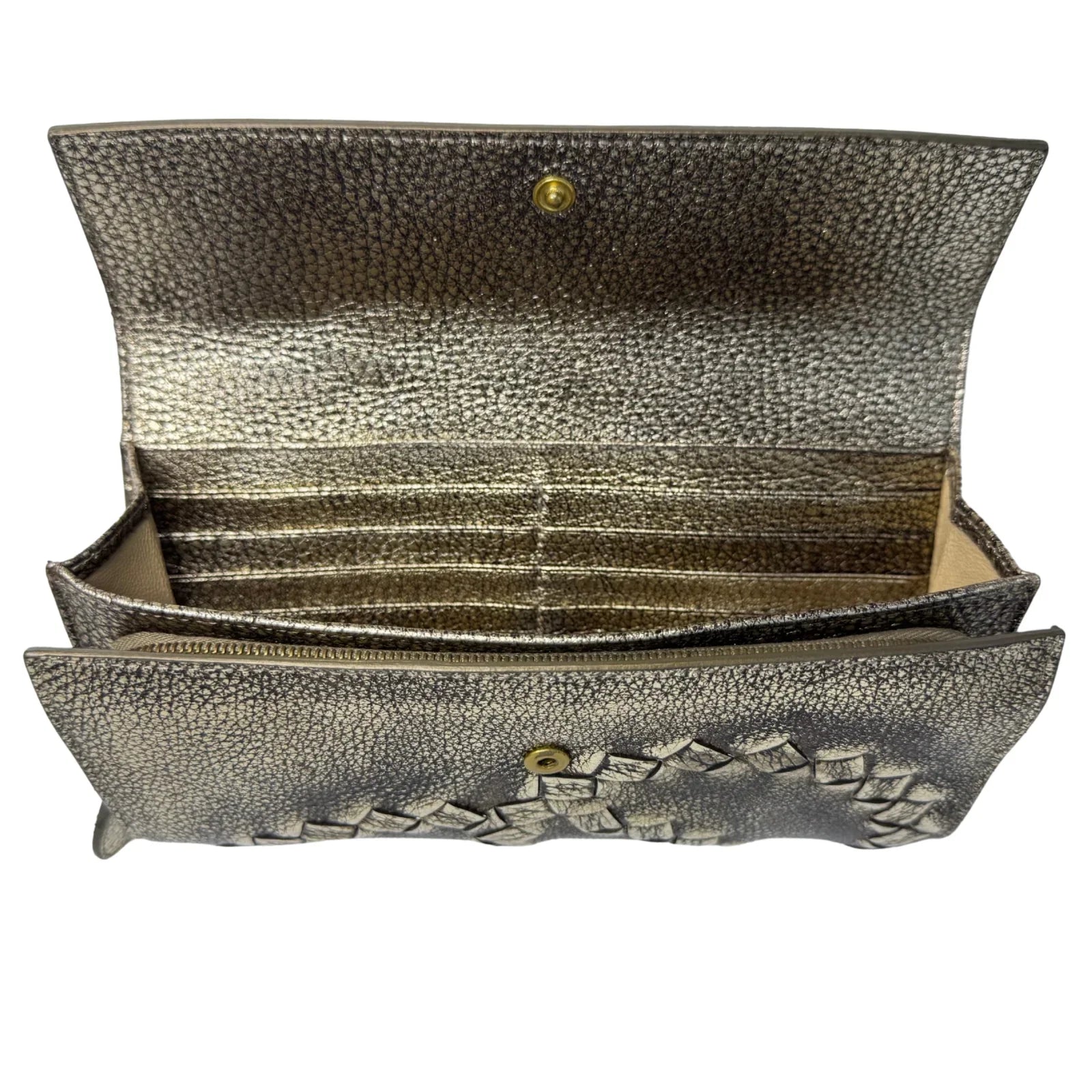 Bottega Veneta Metallic Pewter Woven and Pebbled Leather Long Wallet - Lost Designer