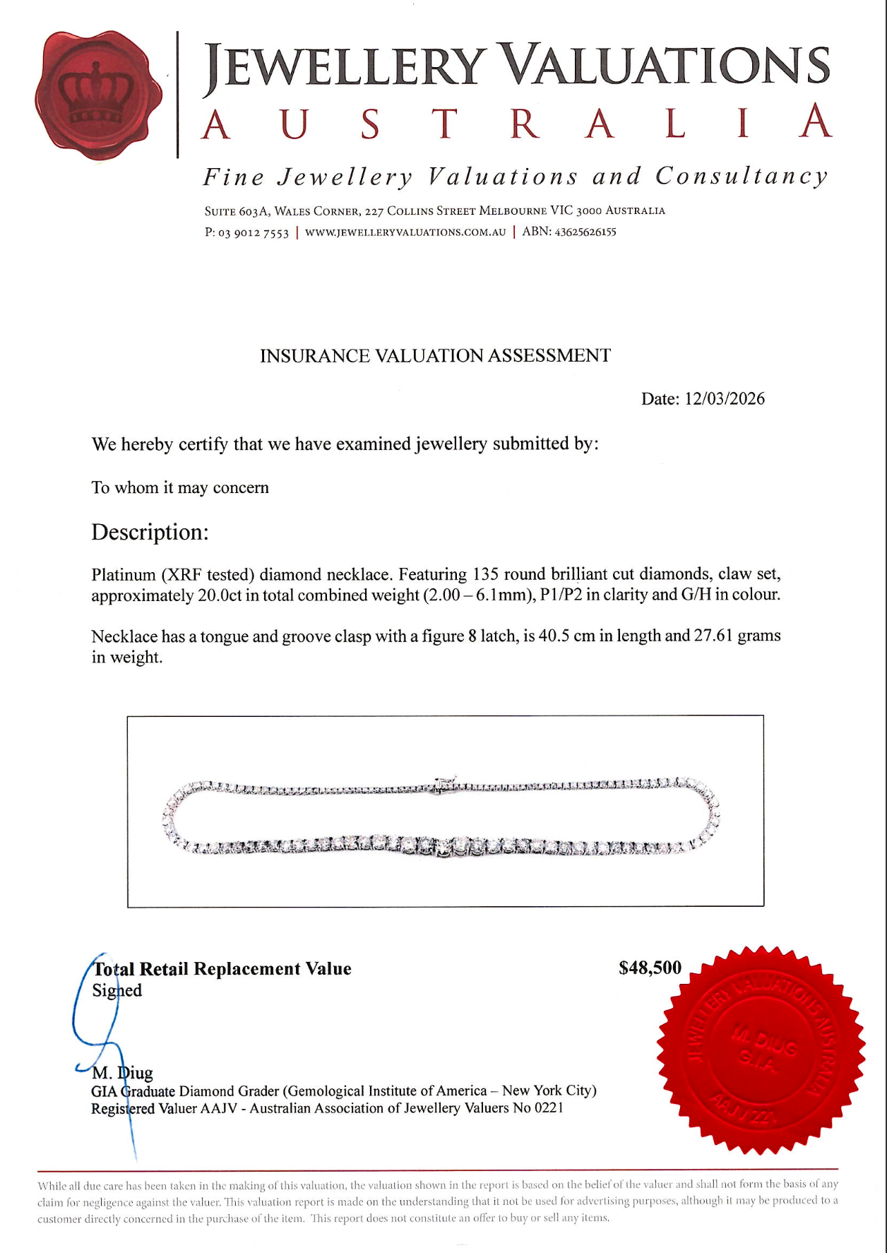 20.0Ct Natural Brilliant Diamond Graduating Tennis Necklace Platinum