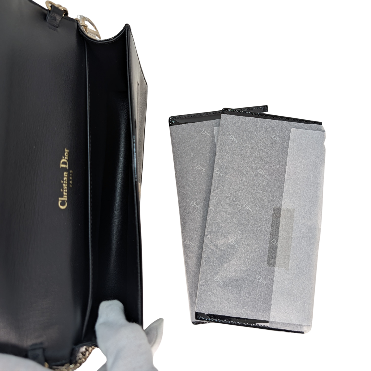 Dior Lady Dior 黑色 Cannage 漆皮手拿袋