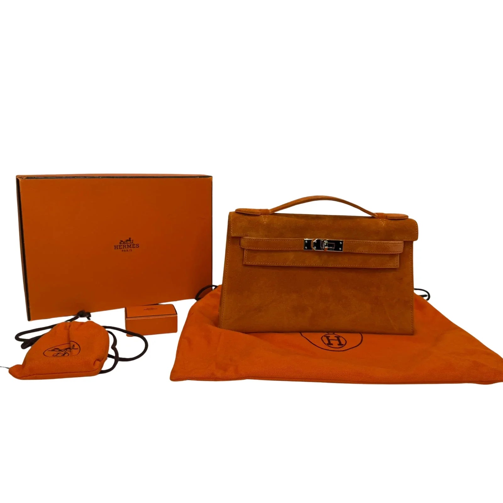 Hermès Kelly Pochette Orange H Veau Doblis Suede PWH ☐ I Stamp - Lost Designer
